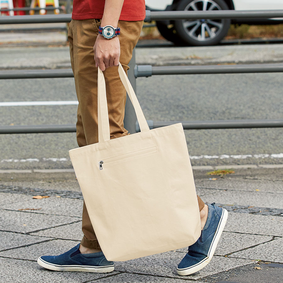 オリジナル　キャンバスファスナーポケットトートバッグ　ナチュラル