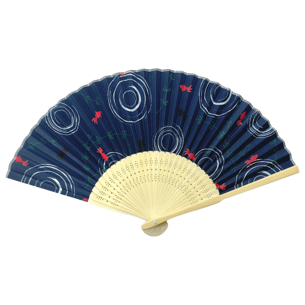 白竹扇子　紺地金魚