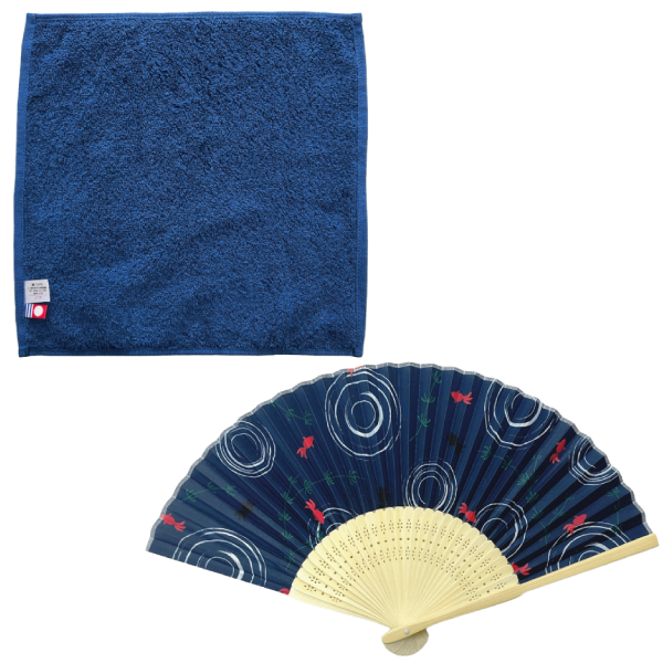 涼風セット　扇子＆今治タオルハンカチ　紺地金魚